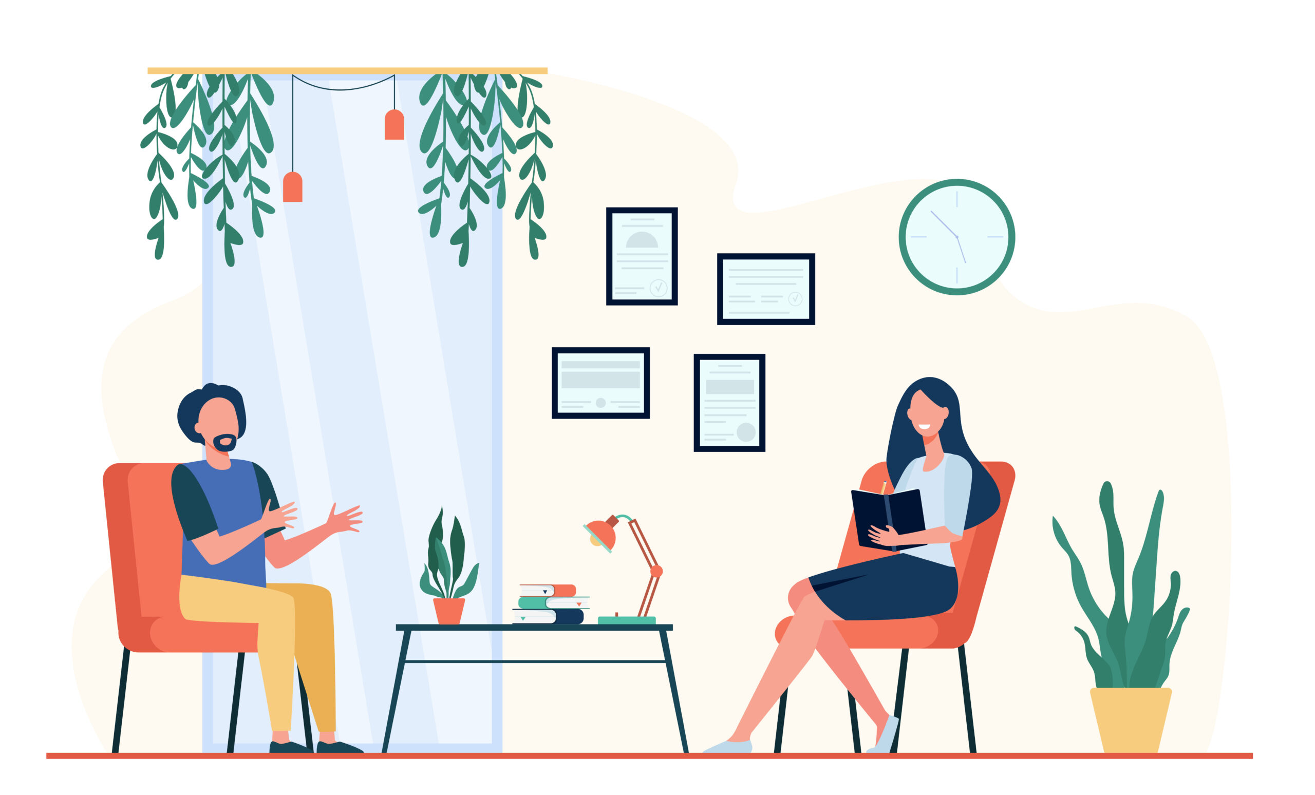 Man talking to therapist in her office. Patient sitting in armchair and speaking while positive doctor taking notes. Vector illustration for psychological counseling, psychotherapy concept